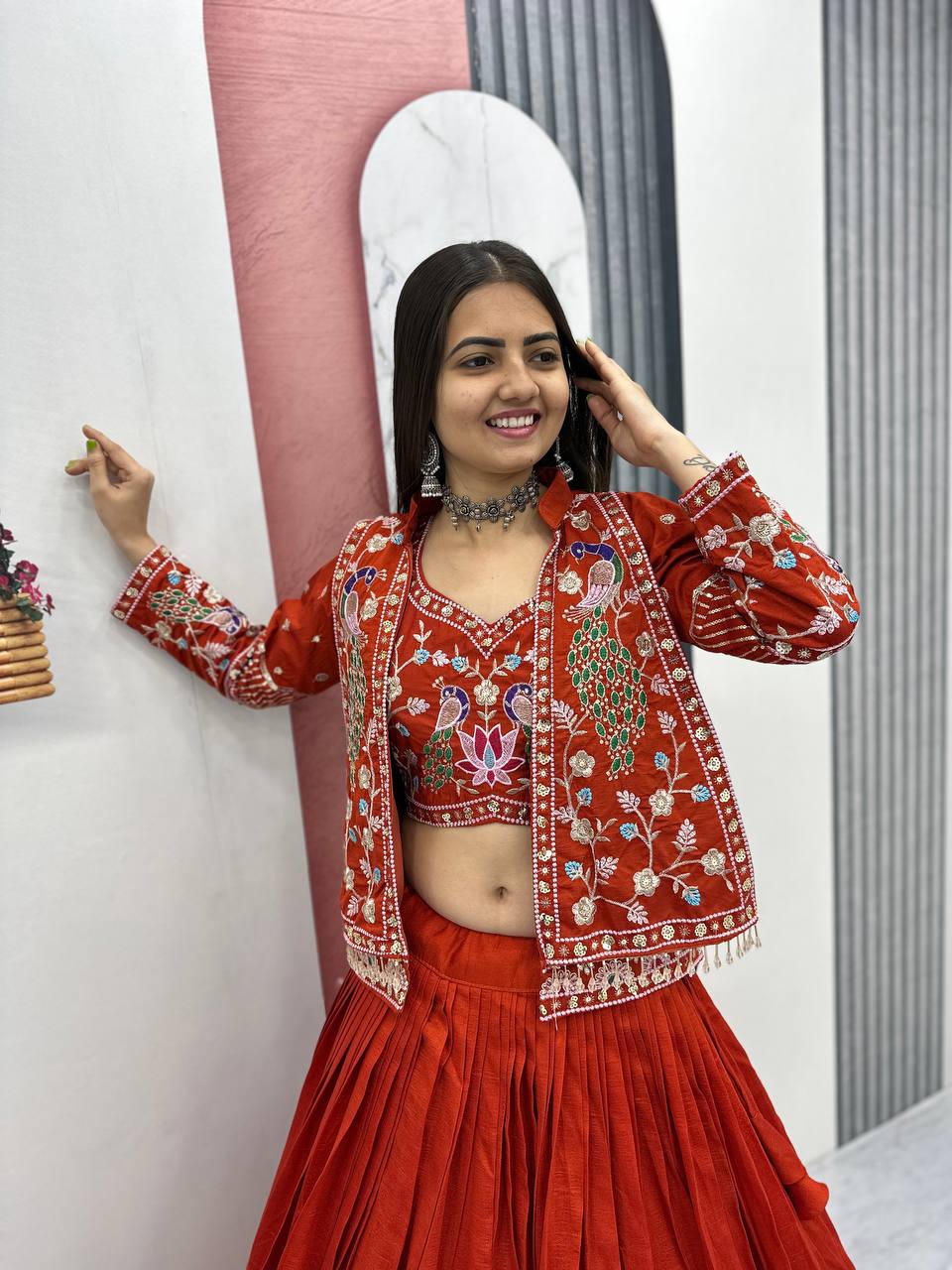 Festival Special Vichitra Silk Crop Top Lehenga Jacket Set with Heavy Thread and Sequin Embroidery by RangBhoomi
