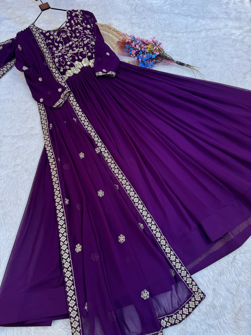 Elegant Gown and Dupatta Set with Embroidered Faux Blooming Fabric by RangBhoomi