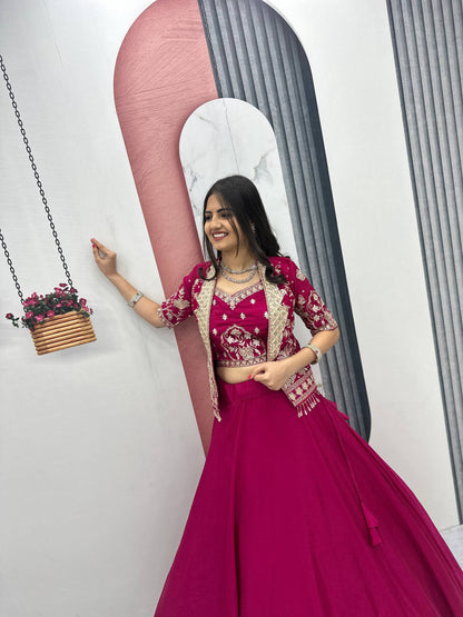 RangBhoomi Festival Special Embroidered Chinon Crop Top Set with Lehenga and Jacket