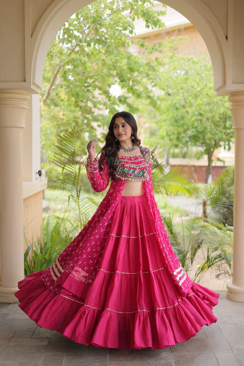 RangBhoomi Navratri 2026 Lehenga & Kurti Set – Kora Cotton Lehenga with Bandhni Faux Georgette Kurti (L, 40" Stitched)