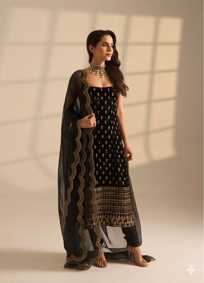 Roman Glass Satin Elegant Women's Suit Set with Golden Zari and Sequins Detailing