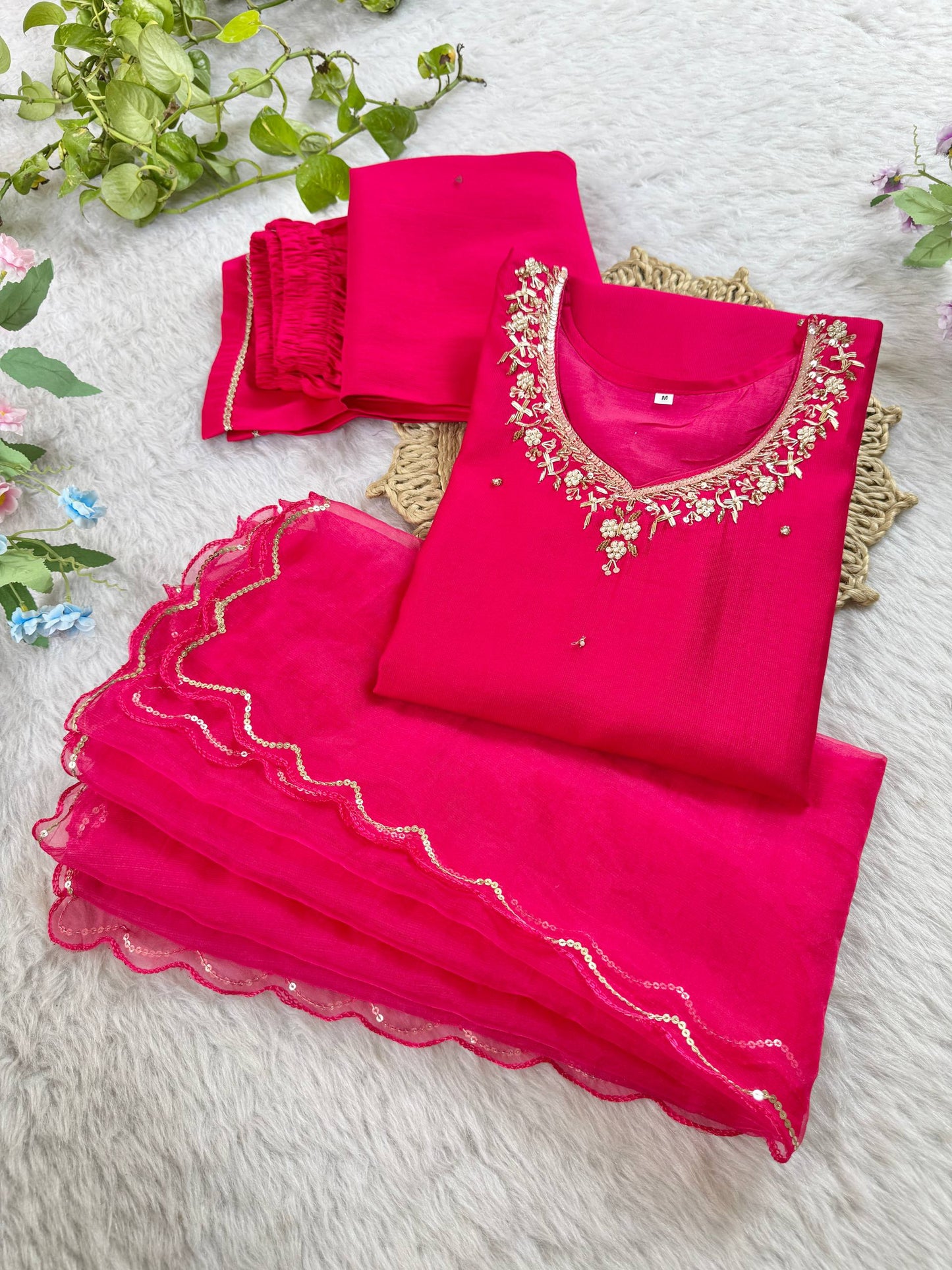 Introducing RangBhoomi Designer Three-Piece Set: Premium Cotton Kurti, Pant, and Organza Silk Dupatta