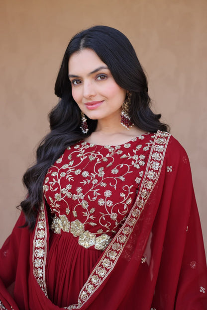Elegant Gown and Dupatta Set with Embroidered Faux Blooming Fabric by RangBhoomi