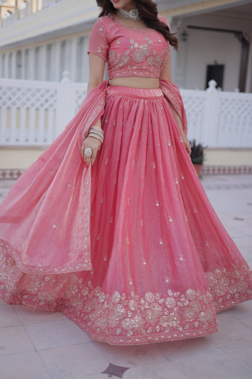 Elegant Lehenga Choli Set with Heavy Sequins and Zari Thread Embroidery in Fendi Silk
