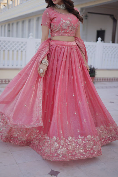 Elegant Lehenga Choli Set with Heavy Sequins and Zari Thread Embroidery in Fendi Silk