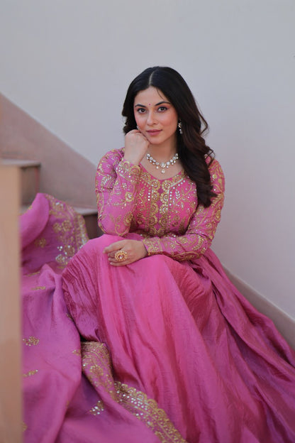 Trending Gold Gown: Crush Fabric, Embroidered Dupatta