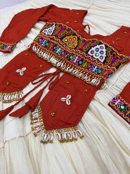 RangBhoomi Navratri Hand-Work 9m Flair Lehenga Choli - Pure Cotton Top & Kora Cotton Skirt