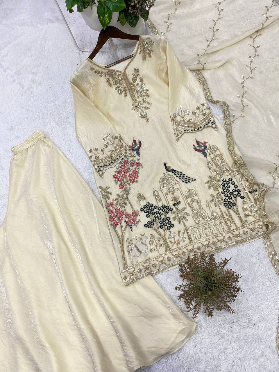 RangBhoomi Designer Beads & Sequence Embroidered Top with Fendy Plazzo and Dupatta