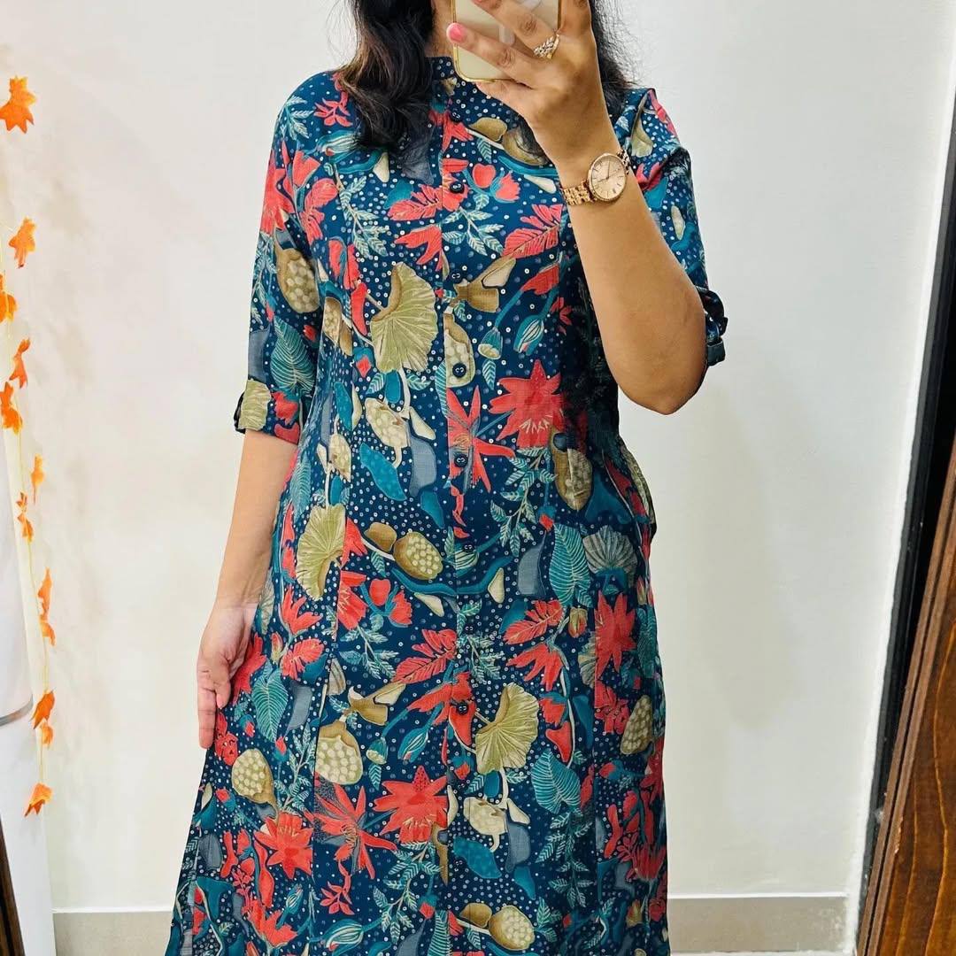 Front view of Blue Forest Kurti Set showing colorful botanical design and A-line fit.
