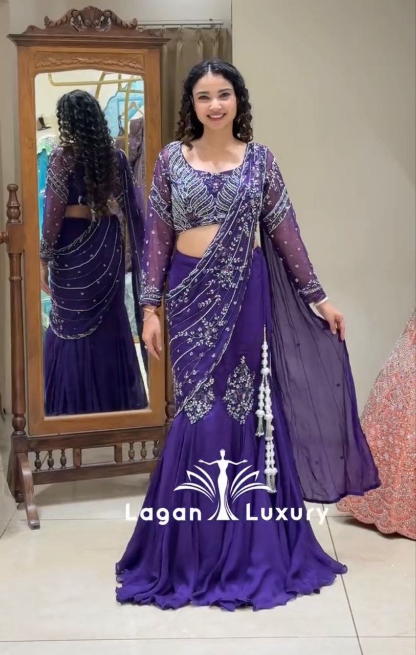 Elegant Embroidered Sequined Chinon Lehenga Choli Set with Full Stitching and 4-Meter Flair