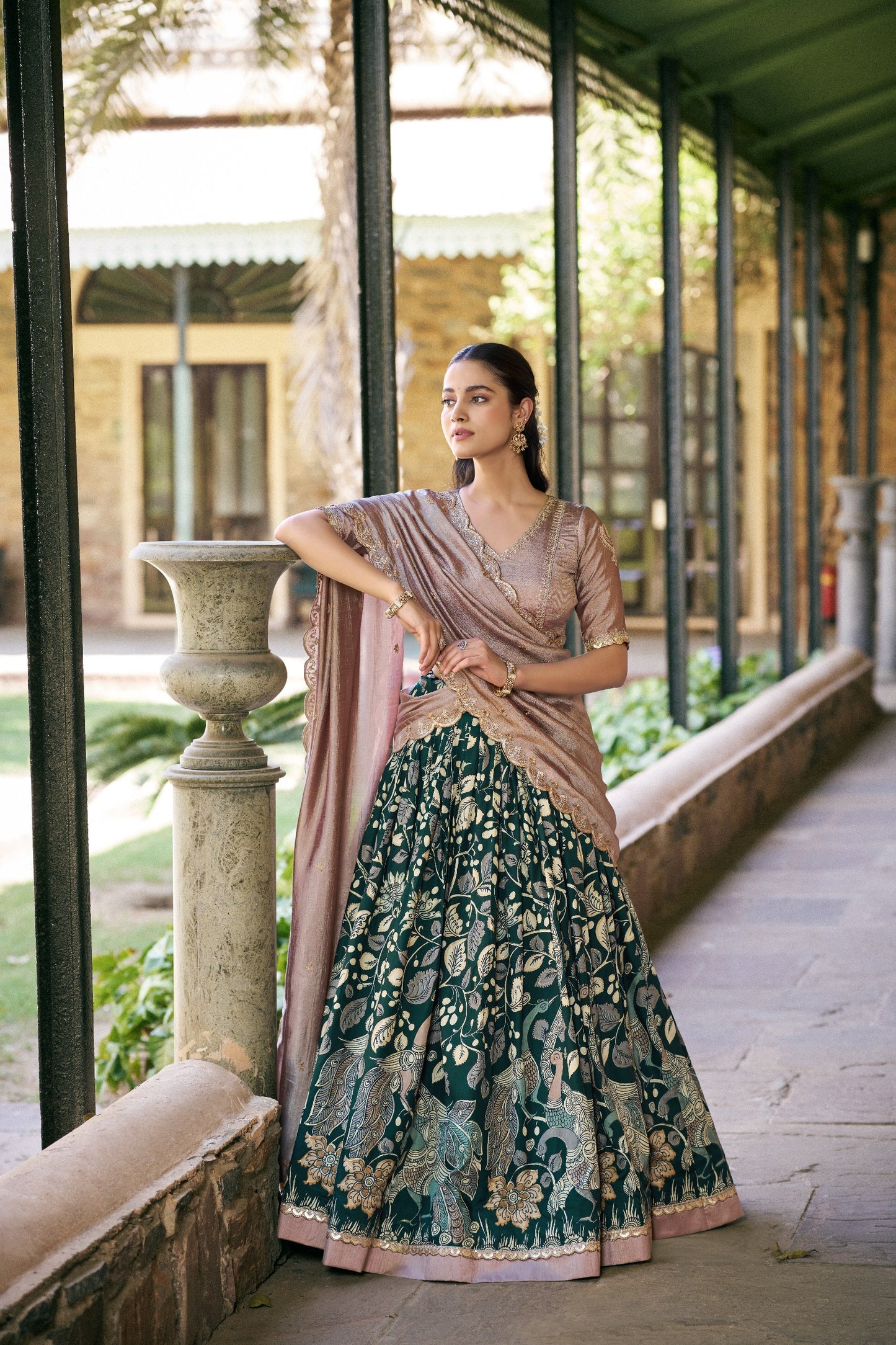 Elegant Kalamkari Silk Lehenga Set with Embroidered Dupatta for Festive and Traditional Occasions