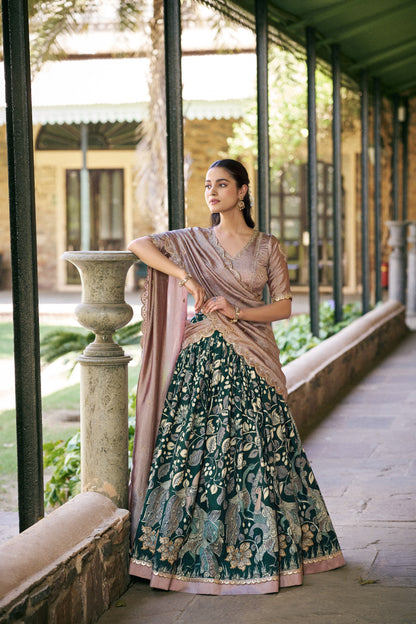 Elegant Kalamkari Silk Lehenga Set with Embroidered Dupatta for Festive and Traditional Occasions
