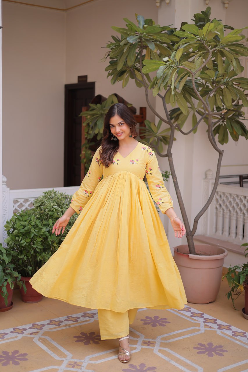 Premium Ready-to-Wear Embroidered Cotton Kurti with Matching Cotton Pants