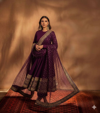 Elegant Embroidered Fox Georgette Gown with Matching Dupatta – Fully Stitched, Sophisticated Design