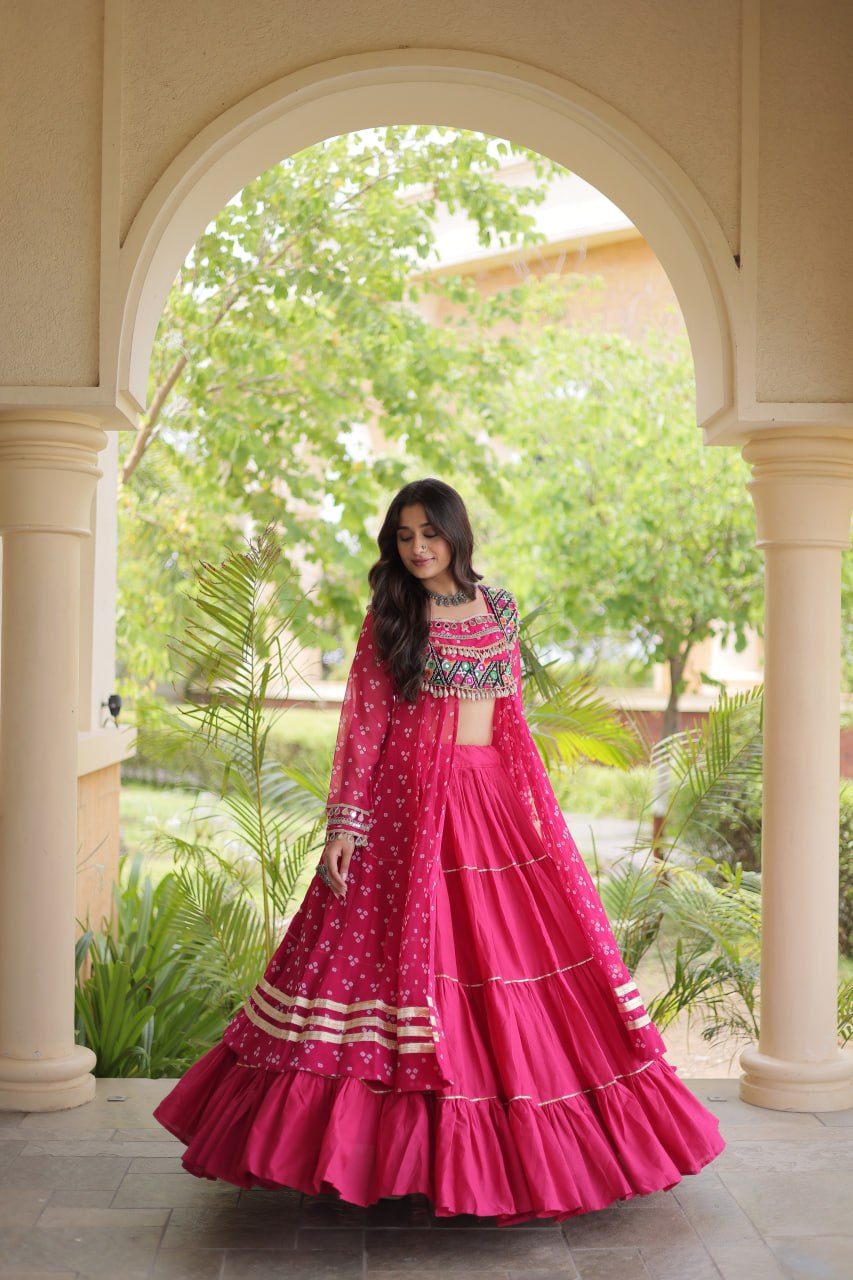 RangBhoomi Navratri 2026 Lehenga & Kurti Set – Kora Cotton Lehenga with Bandhni Faux Georgette Kurti (L, 40" Stitched)