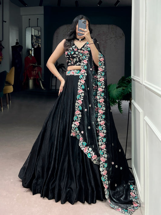 Elegant Black Lehenga Choli Set with Fendi Fabric, Sequins and Thread Embroidery
