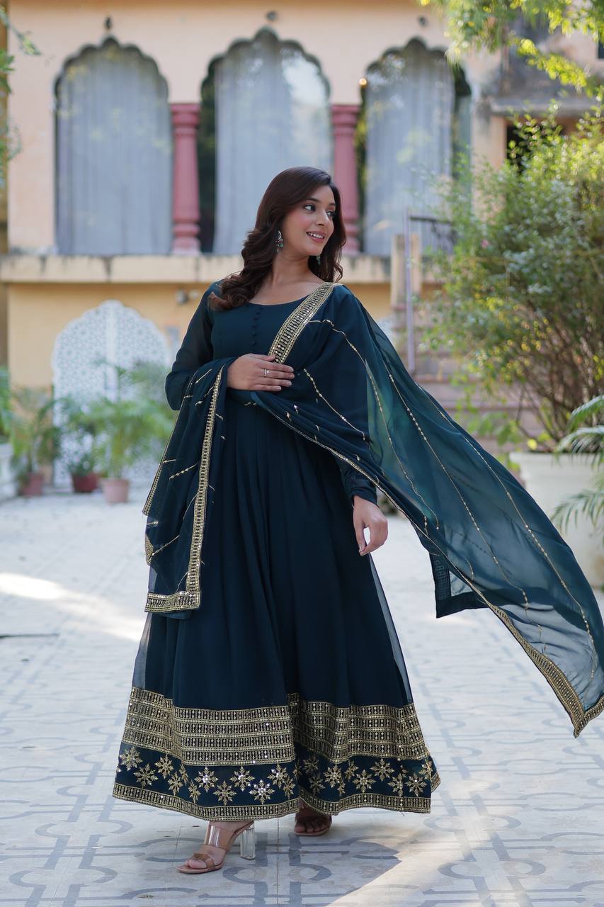 Embroidered Faux Blooming Gown with Dupatta