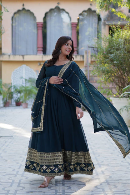 Embroidered Faux Blooming Gown with Dupatta