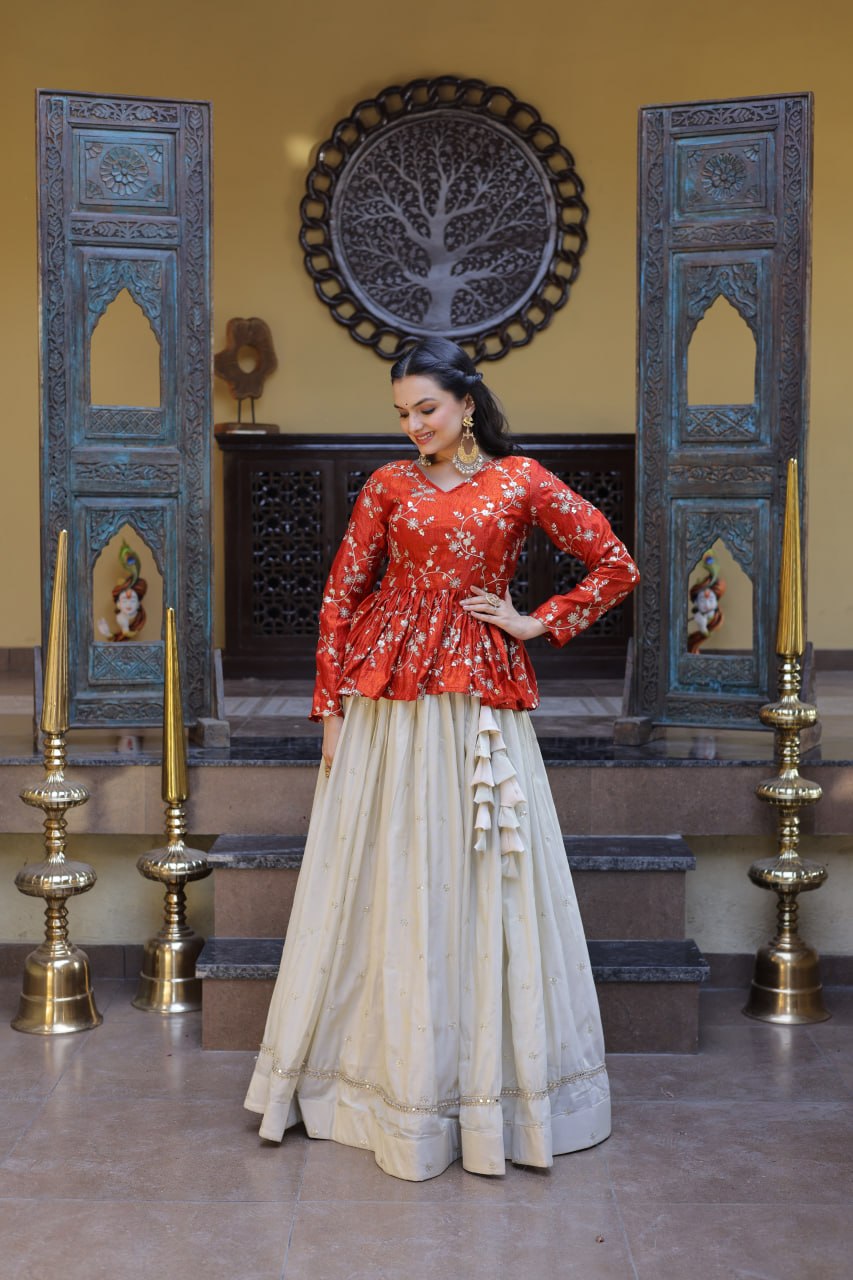 RangBhoomi Elegant Silk Embroidered Crop Top Set with Flared Lehenga and Sequined Detailing