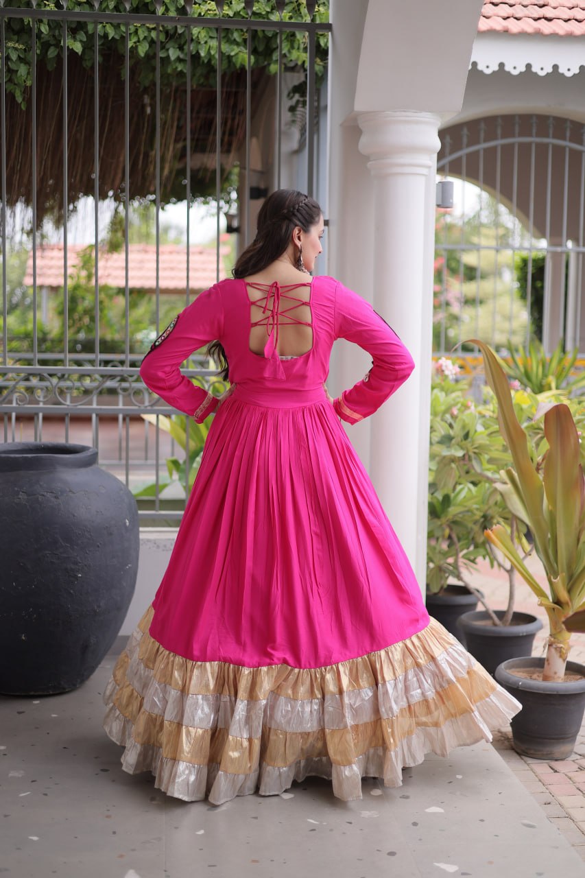 RangBhoomi Navratri Gown Collection 2026 — 14KG Rayon Kutchi Gamthi Thread Work, 12m Flair