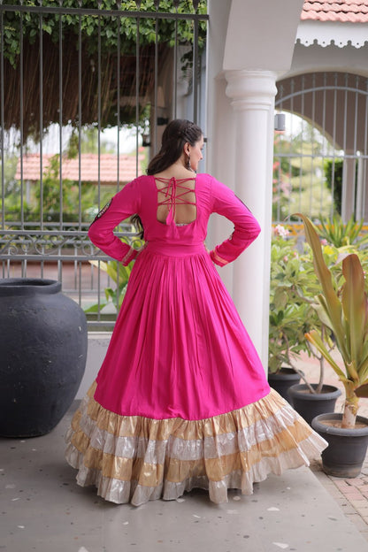 RangBhoomi Navratri Gown Collection 2026 — 14KG Rayon Kutchi Gamthi Thread Work, 12m Flair