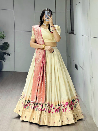 Exquisite Paithani Silk Lehenga with Vibrant Colorful Motifs, Iconic Gold Zari Border, and Signature Satin Silk Dupatta