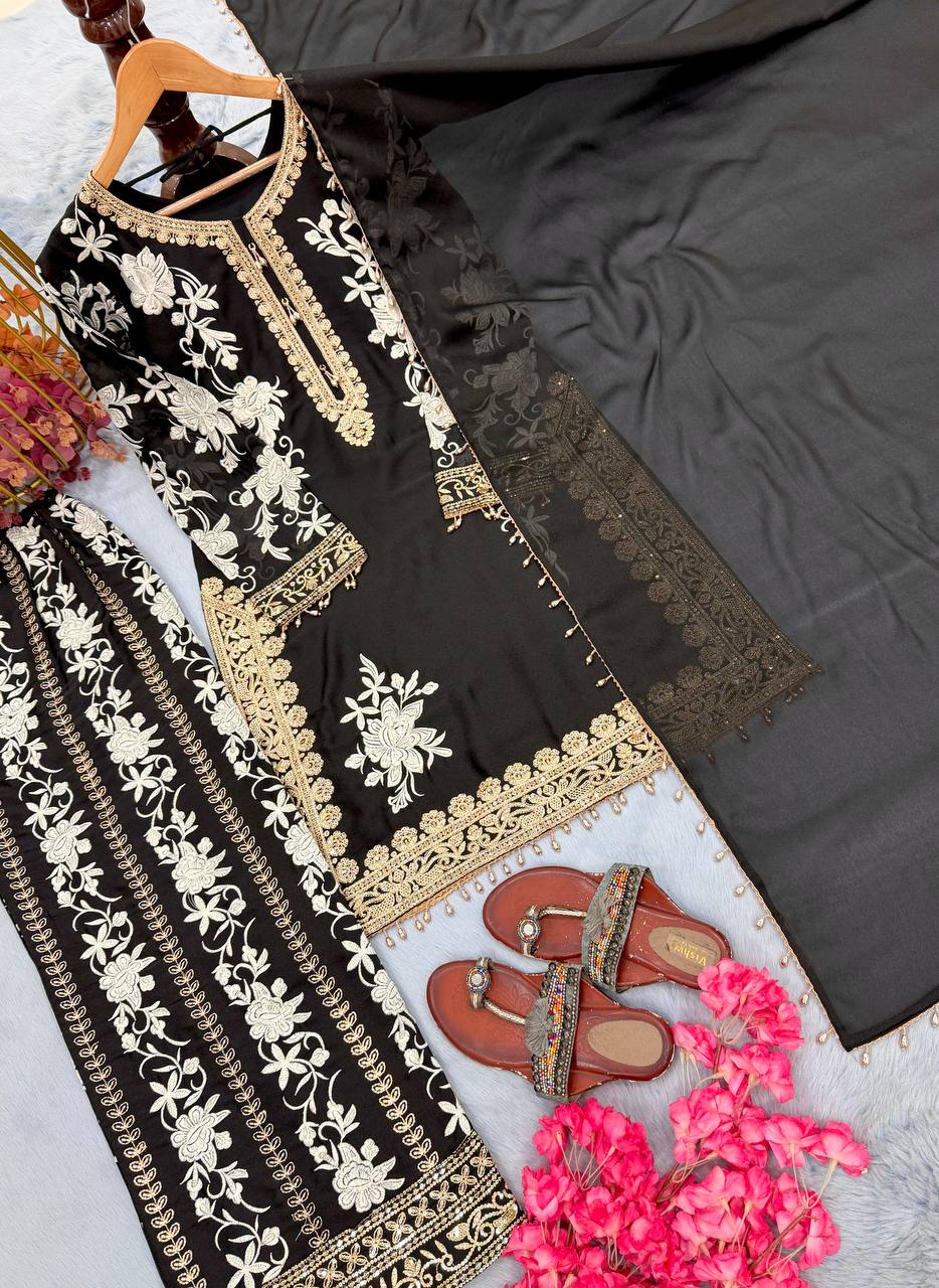 RangBhoomi Designer Party Wear Heavy Star Georgette Top, Plazzo & Dupatta Set