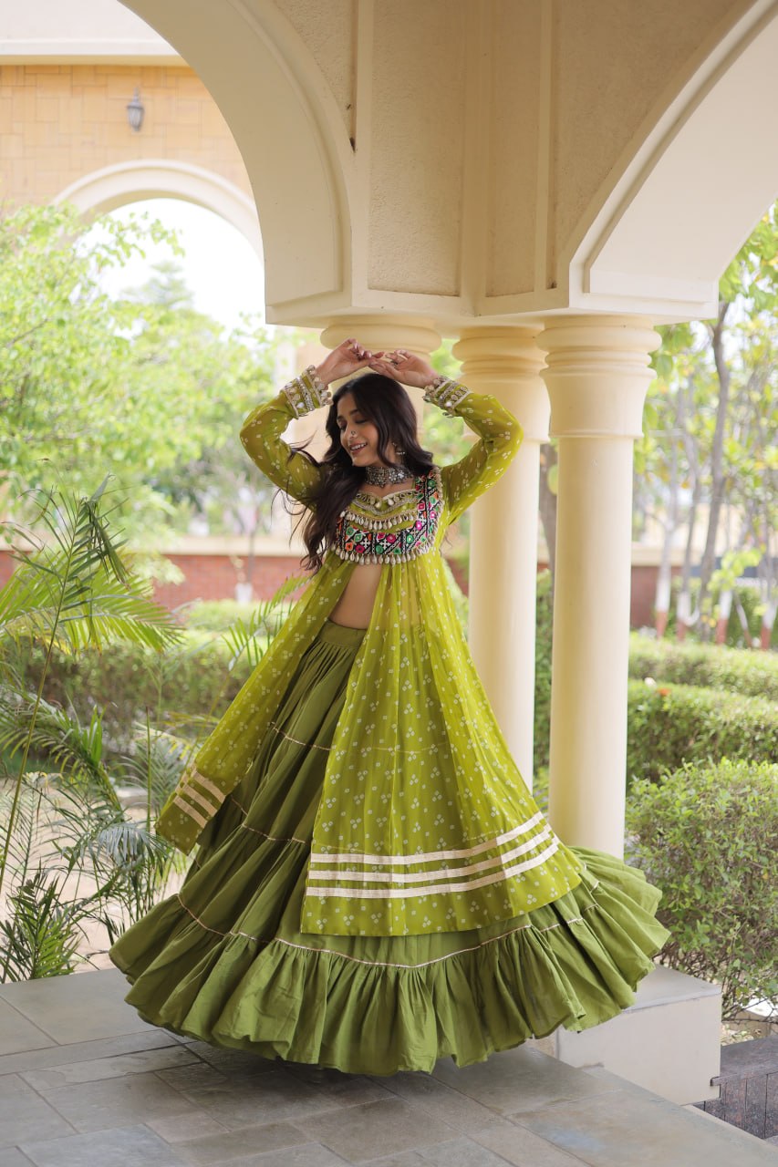 RangBhoomi Navratri 2026 Lehenga & Kurti Set – Kora Cotton Lehenga with Bandhni Faux Georgette Kurti (L, 40" Stitched)