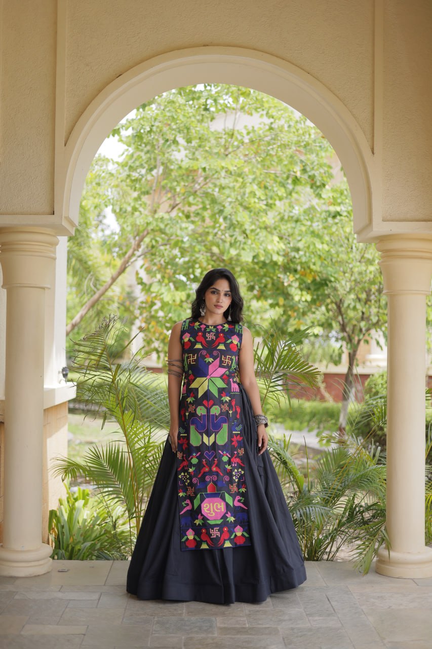 RangBhoomi Navratri Cora Cotton Lehenga Set — Embroidered Cotton Blouse (White & Black)