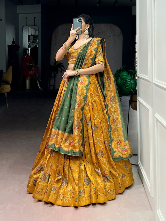 Luxurious Soft Tasar Silk Lehenga with Radiant Gilded Foil Motifs and Elegant Dupatta