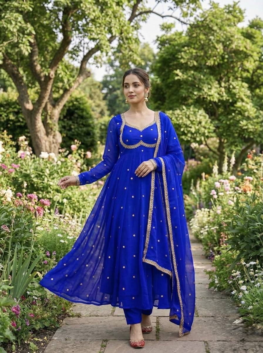 Elegant Party Wear Fendi Satin Gown Set with Dupatta and Pants Featuring 3MM Rembo Sequin and Zari Embroidery