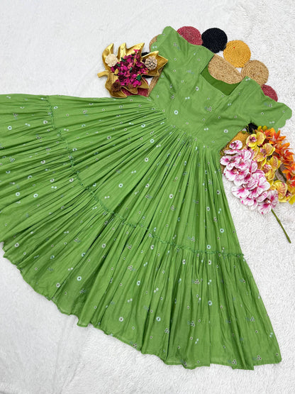 Exclusive Summer Mull Chanderi Gown with Floral Embroidered Thread Work – Elegance and Comfort Perfectly Combined