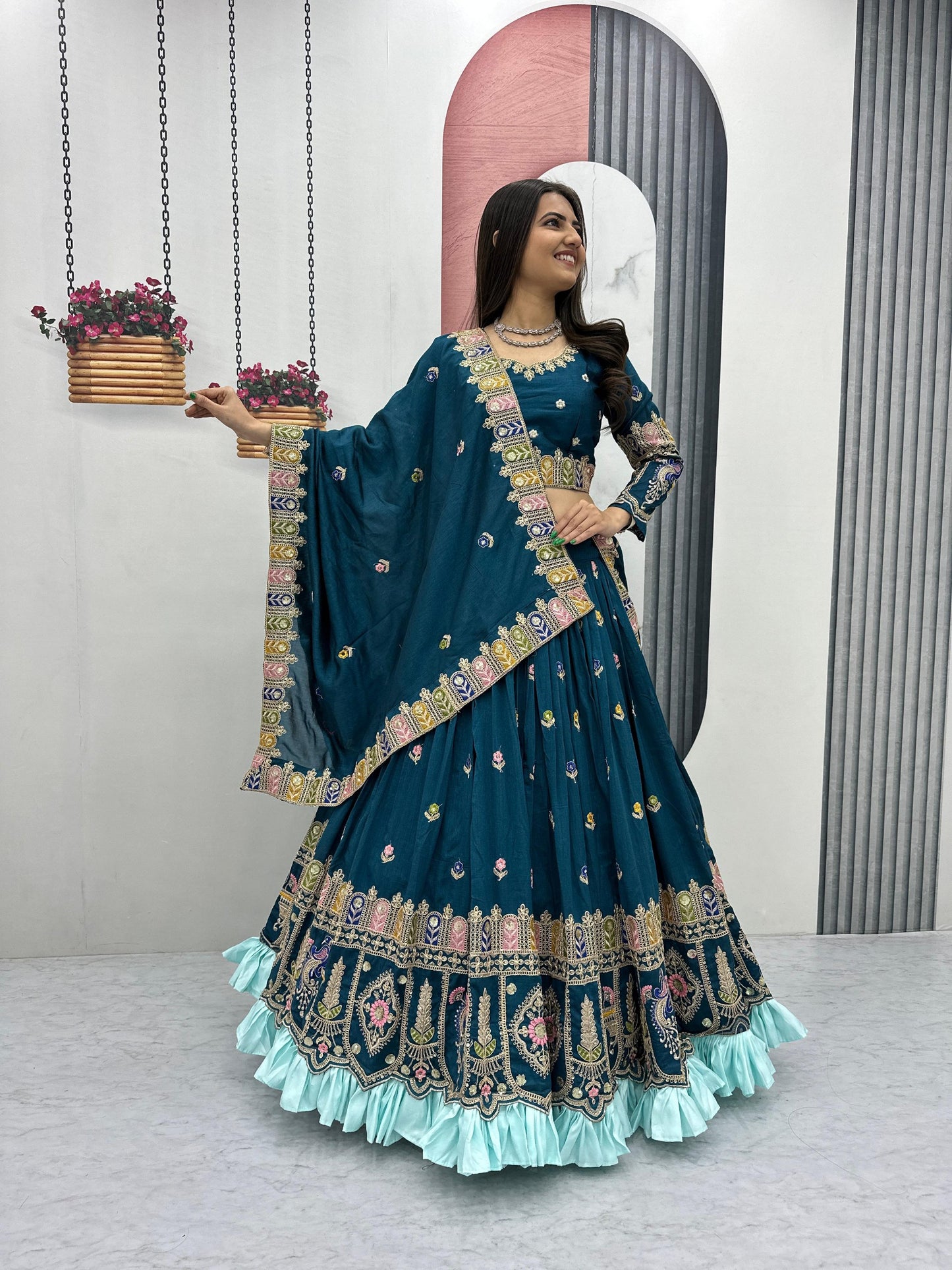 RangBhoomi Exquisite Festival Lehenga Choli Set with Heavy Embroidery and Pure Vichitra Fabric