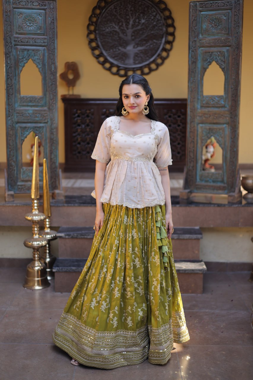 RangBhoomi Designer Dyeable Viscose Jacquard Lehenga Choli Set - Parrot & Wine