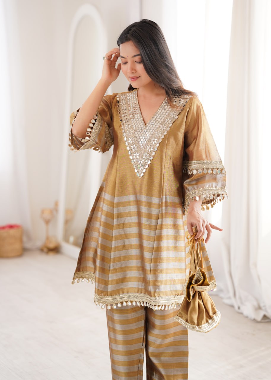 RangBhoomi Ready-to-Wear Top and Bottom Set with Embroidered Batwa - Elegant Mirror Work Ensemble