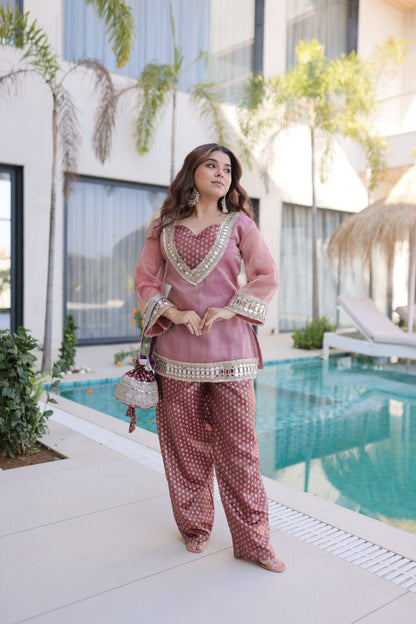 RangBhoomi Ready-Made Elegant Top and Pants Set with Matching Batwa