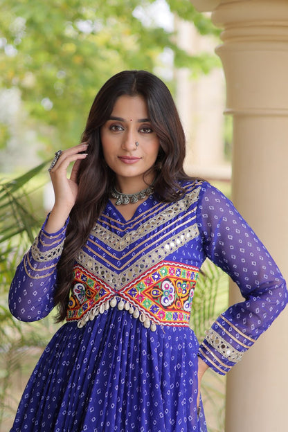 RangBhoomi Bandhani & Kutchi Patchwork Faux Georgette Gown — Navratri Special