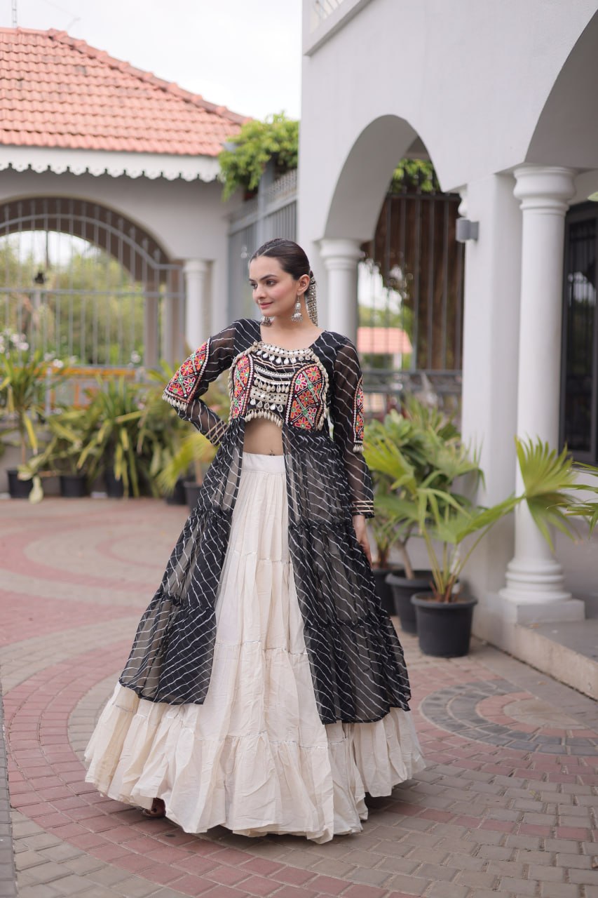 RangBhoomi Kora Cotton Lehenga & Faux Georgette Kurti Set - Full-Stitched, Frilled Lehenga, Laheriya Print Kurti