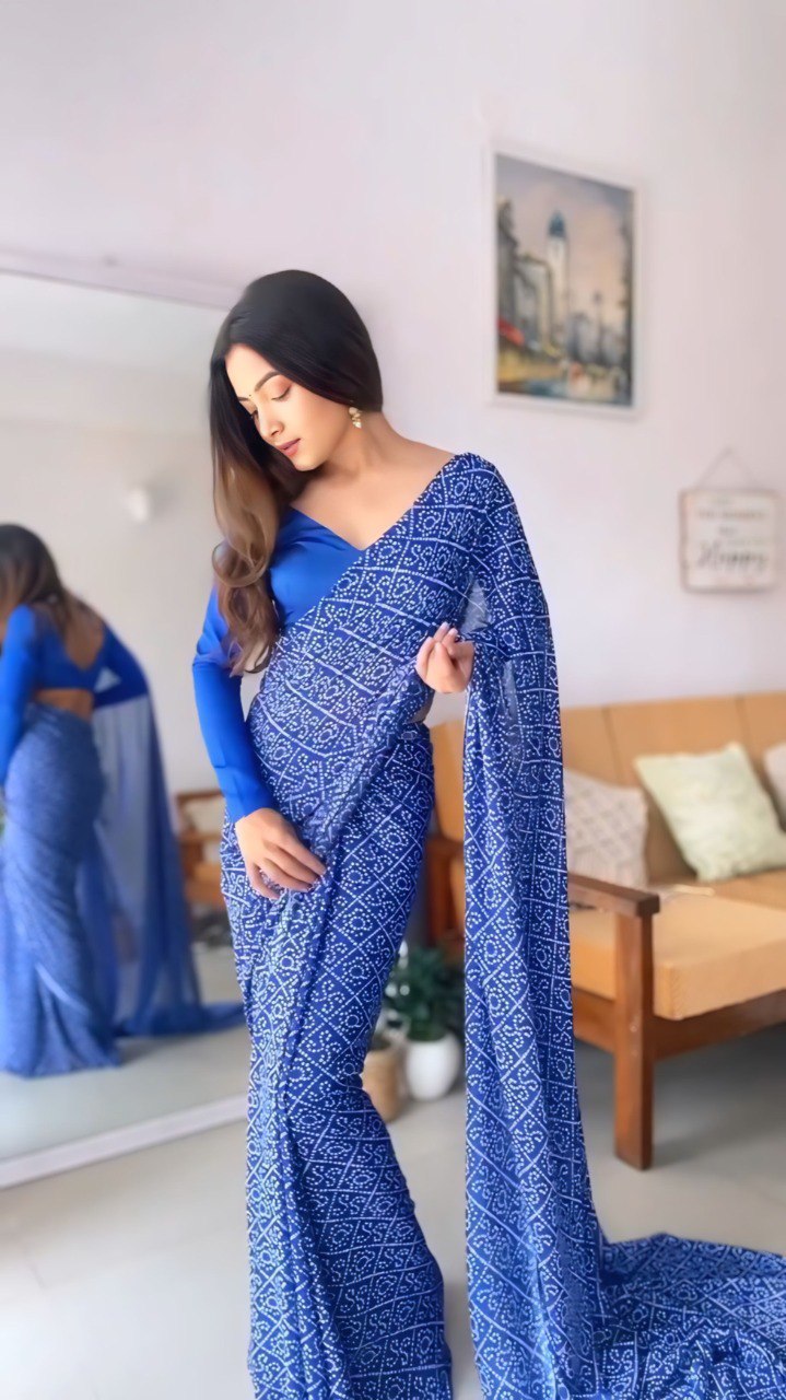 Ready to Wear Blue Georgette Saree - Fits 26" to 44"
