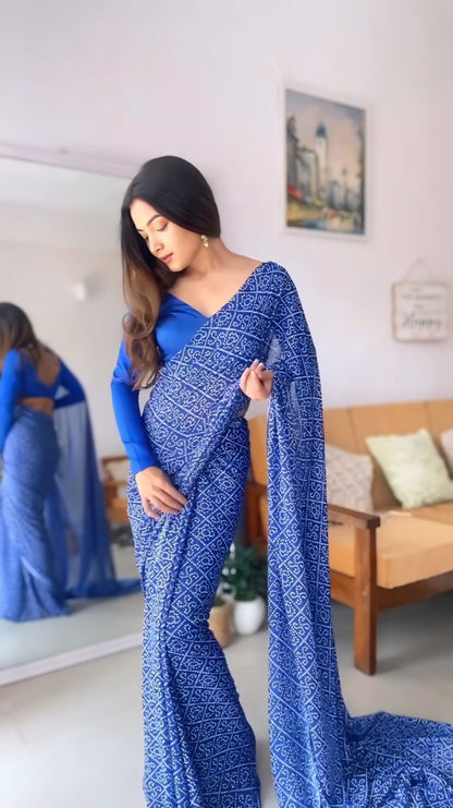 Ready to Wear Blue Georgette Saree - Fits 26" to 44"