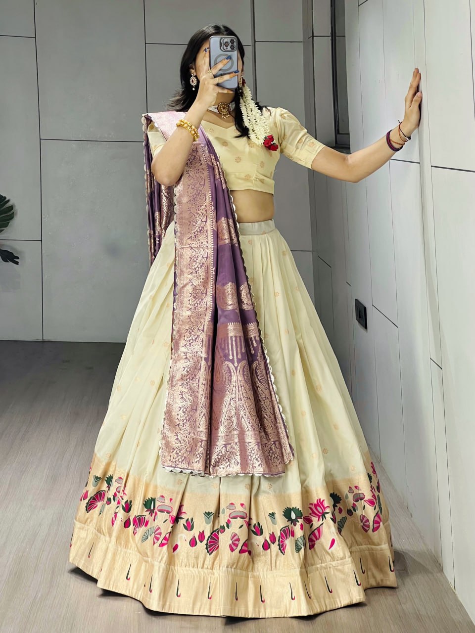 Exquisite Paithani Silk Lehenga with Vibrant Colorful Motifs, Iconic Gold Zari Border, and Signature Satin Silk Dupatta