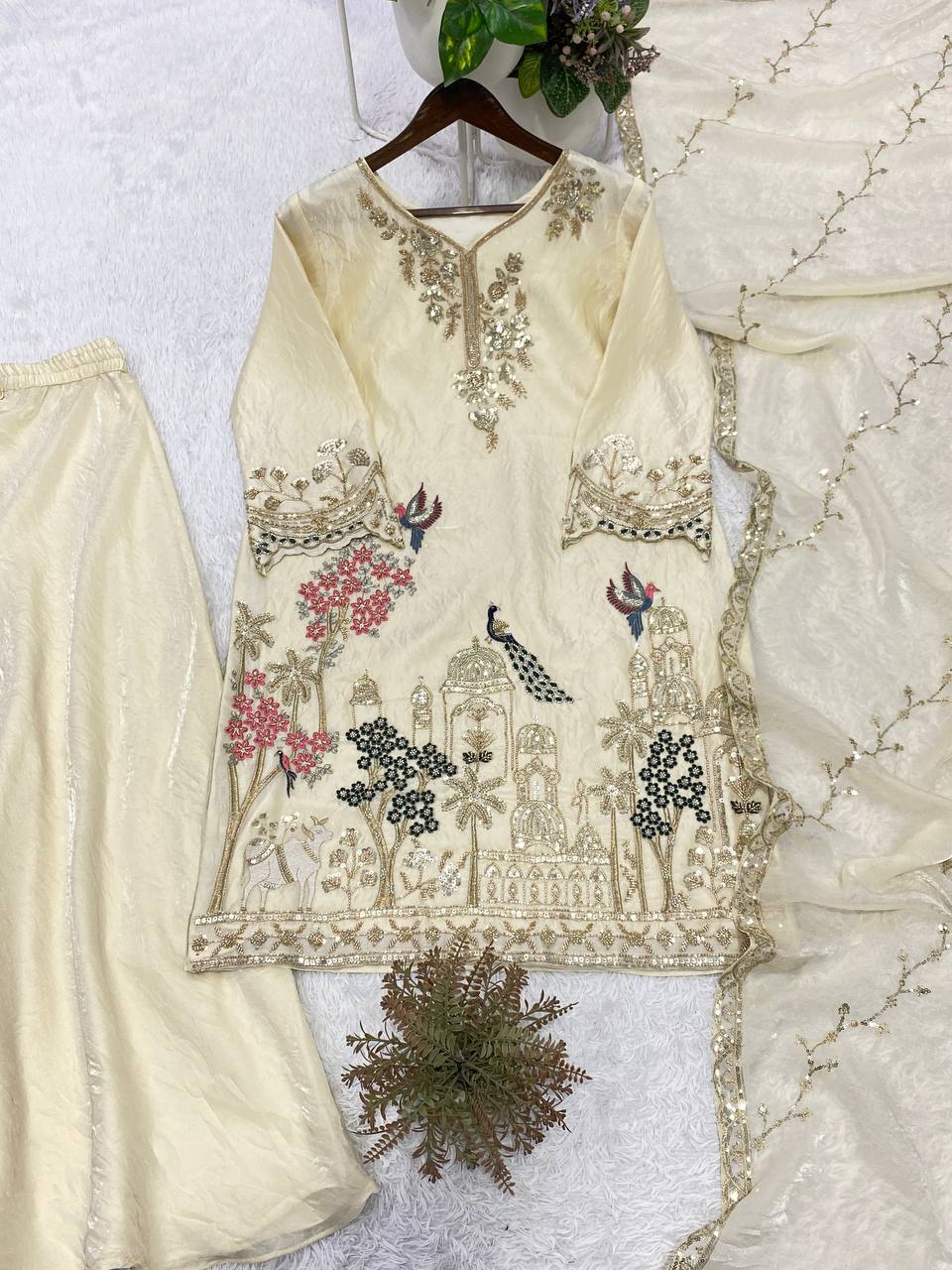RangBhoomi Designer Beads & Sequence Embroidered Top with Fendy Plazzo and Dupatta