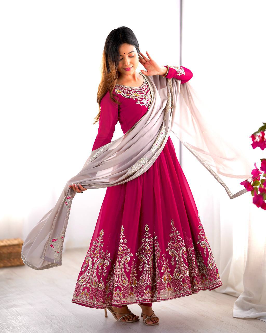 RangBhoomi Heavy Designer Party Wear Gown with Dupatta — Full-Sleeve Embroidered Georgette