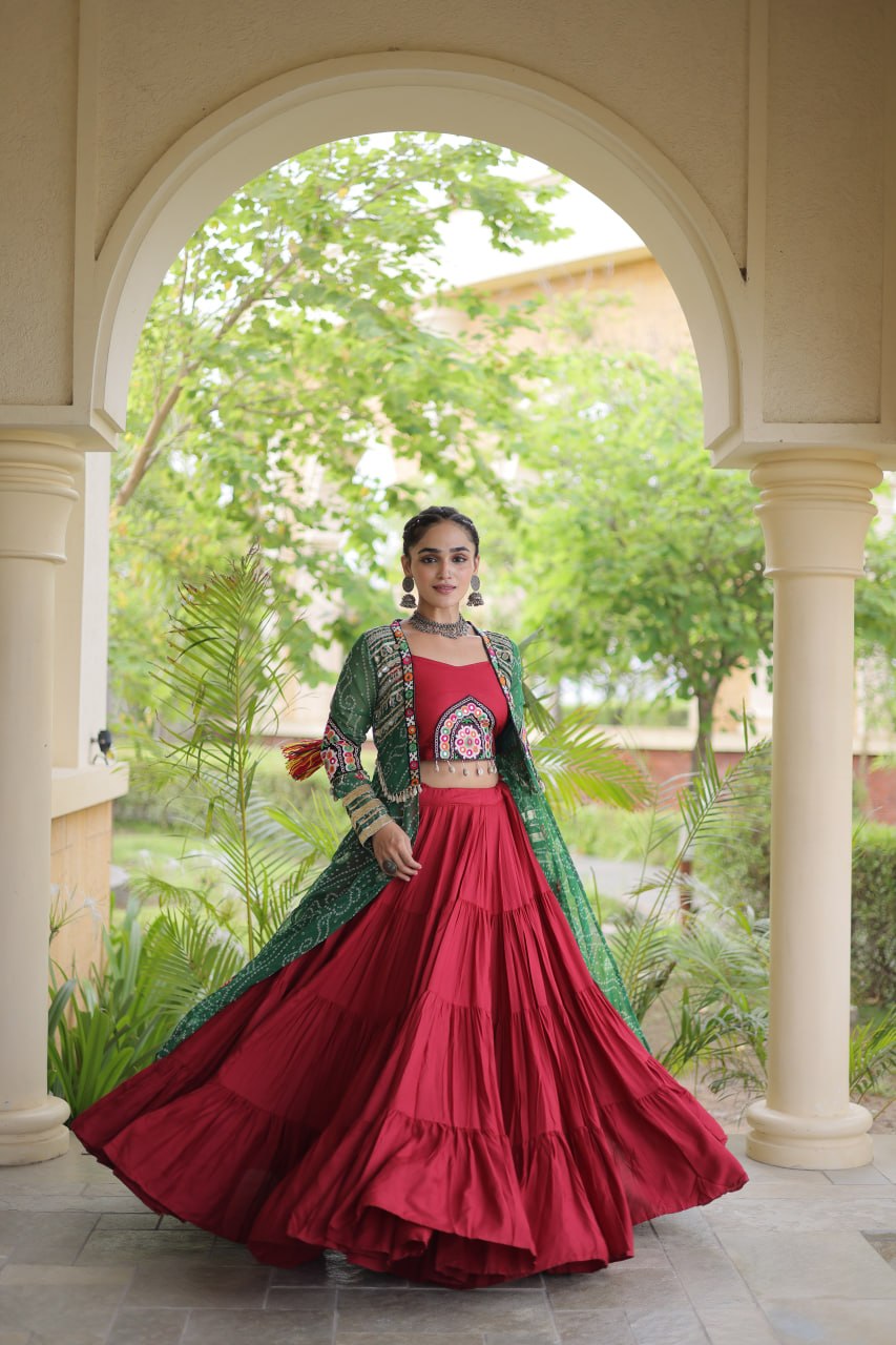 RangBhoomi Navratri 2026 Rayon Lehenga Set with Bandhani Shrug — Full-Stitched Festive Ensemble