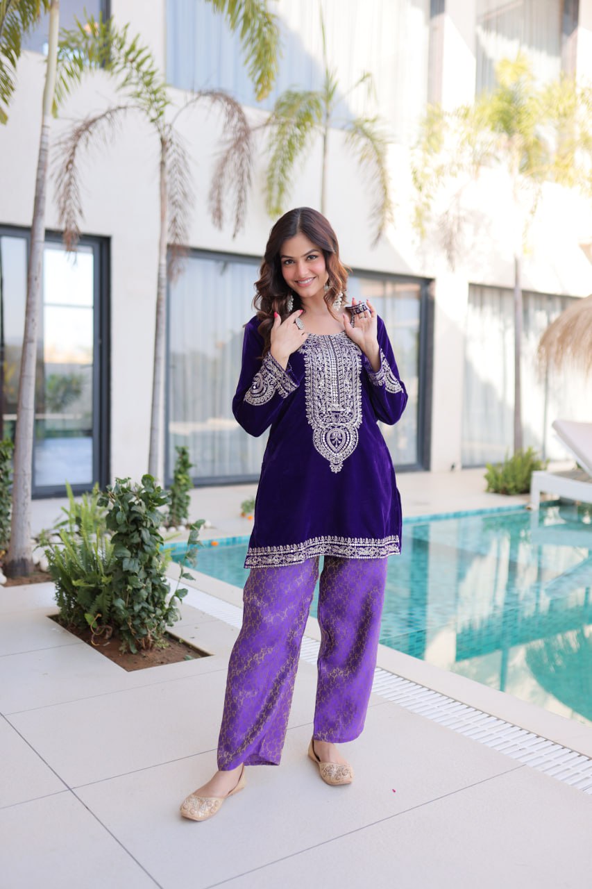 Ready-to-Wear Velvet Top and Pant Set with Embroidered Batwa from RangBhoomi Collection