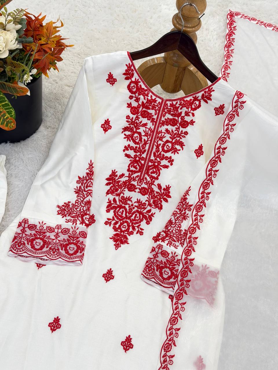 Elegant Women's Ethnic Ensemble with Embroidered Rayon Cotton Top, Farshi Pants, and GMY Silk Dupatta