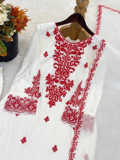 Elegant Women's Ethnic Ensemble with Embroidered Rayon Cotton Top, Farshi Pants, and GMY Silk Dupatta