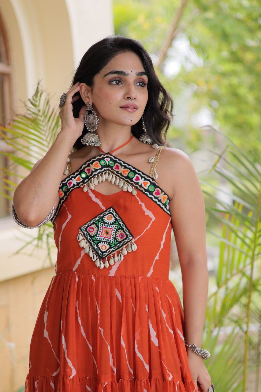 RangBhoomi Navratri Laheriya Patchwork Faux Georgette Gown - Sleeveless 56" Length, L (Adjustable 38-44)