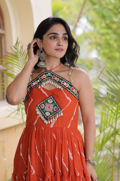 RangBhoomi Navratri Laheriya Patchwork Faux Georgette Gown - Sleeveless 56" Length, L (Adjustable 38-44)