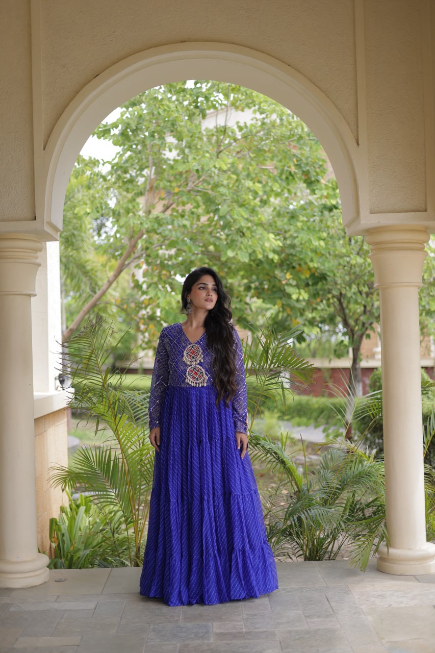 RangBhoomi Navratri Gown 2026 – Laheriya Print with Kutchi Patchwork, Faux Georgette Lined Cotton, Full Sleeve, 56 Inch Length
